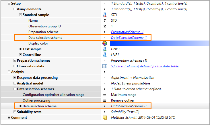 Assignment of data selection schemes to assay elements