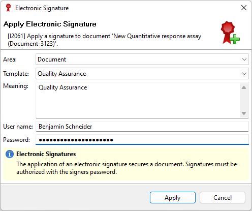 Apply electronic signature dialog with enabled Requires user name option