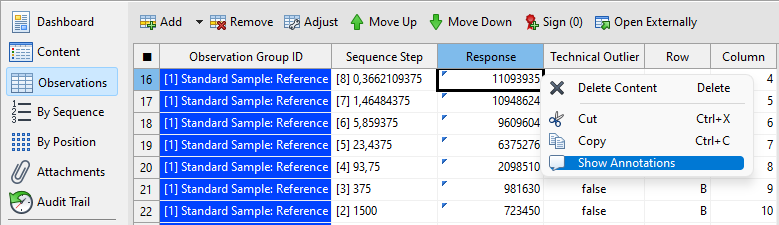 Acquired response data values in the Observations editor