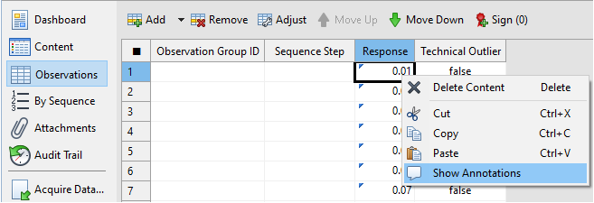 Acquired response data values in the Observations editor