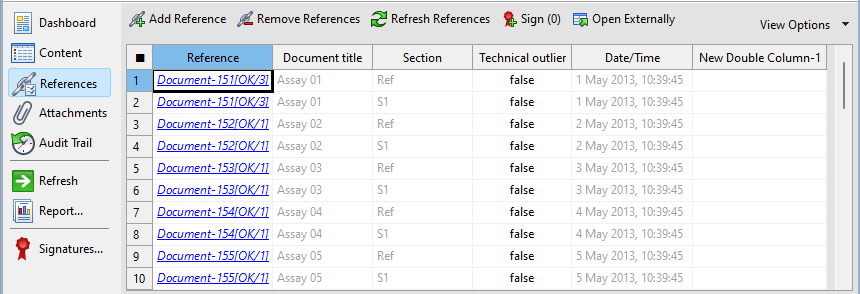 Source documents for data aggregation displayed in the data table of the References editor