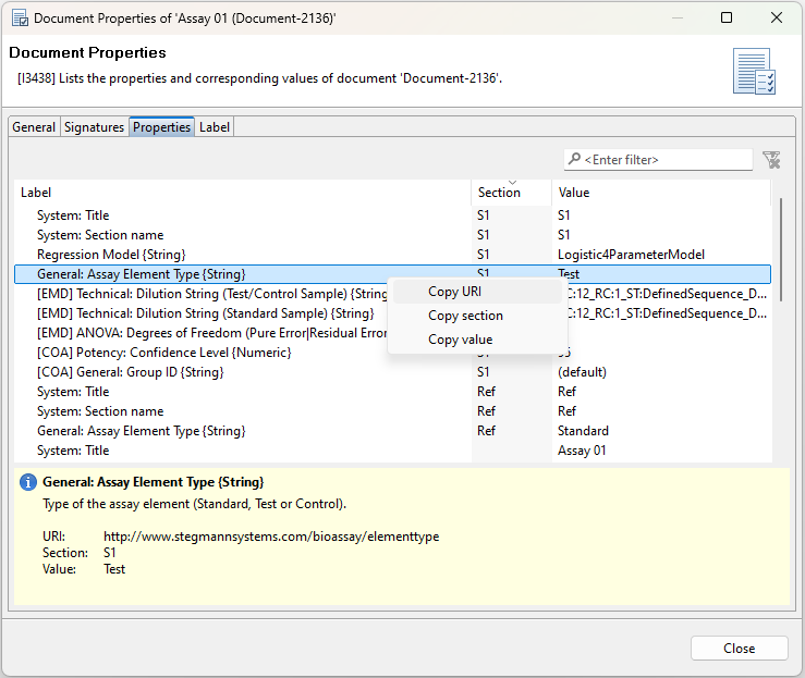 Copying a URI in the Document properties dialog