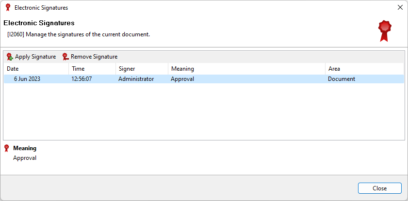 Electronic signatures dialog