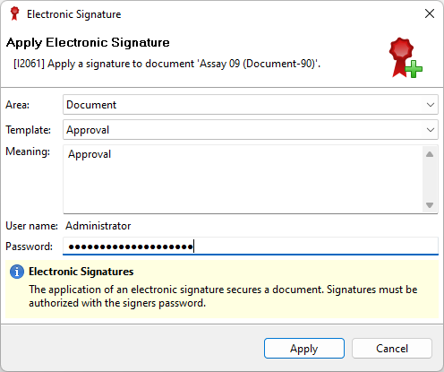 Apply electronic signature dialog