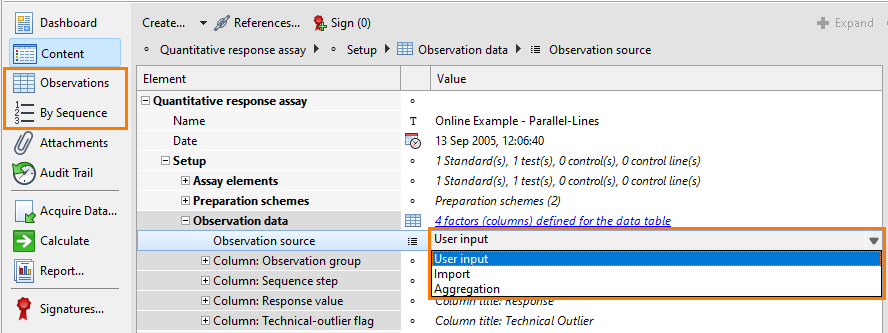 Selecting the observation source for manual input in the Content editor