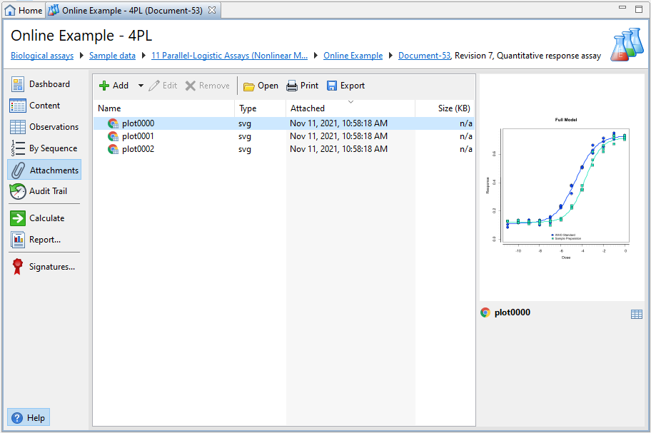 Attachments view of a Quantitative response assay document