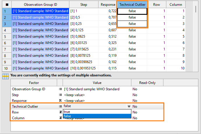 Editing multiple cells in the work area of the Observations editor