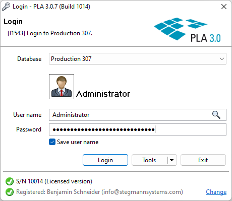 Correctly displayed serial number in the PLA 3.0 Login dialog