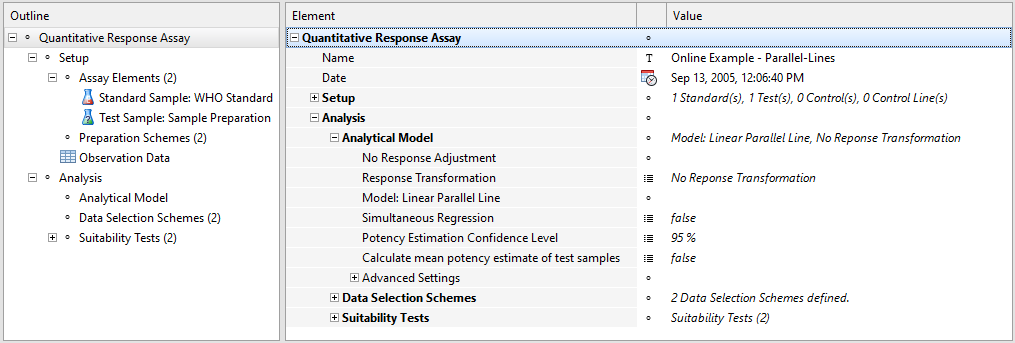 Content editor of a Quantitative response assay document with read-only elements