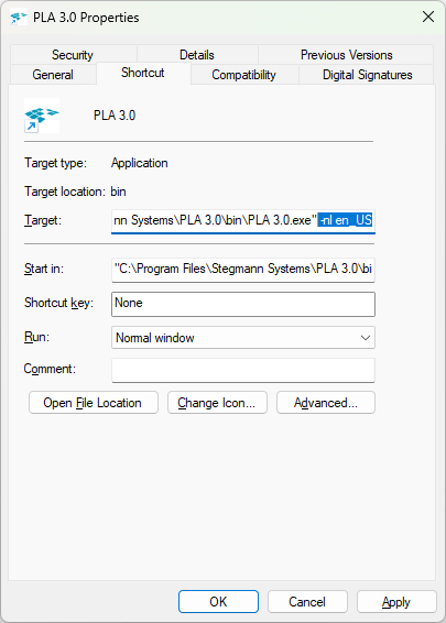 The Properties dialog of the PLA 3.0.exe shortcut