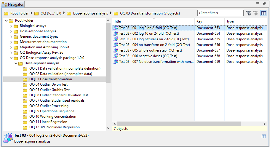 OQ results in the Navigator for the Dose-response analysis package